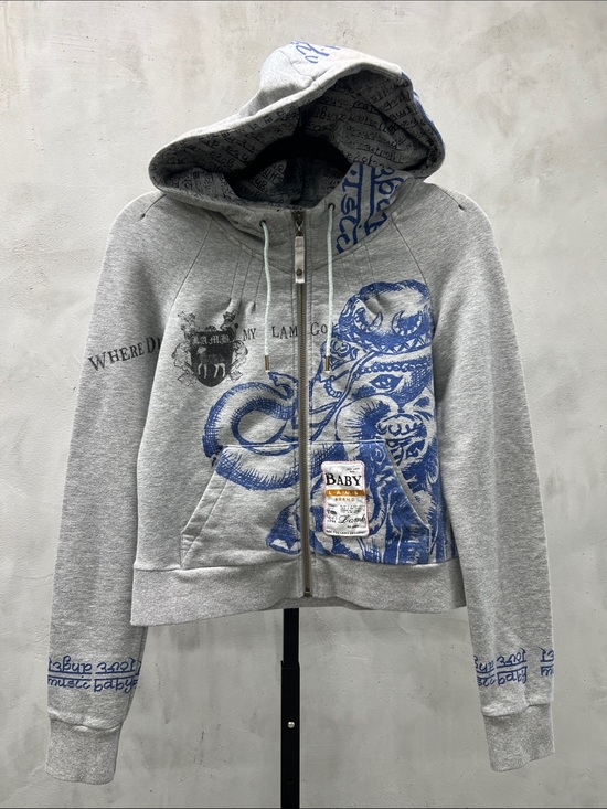 L.A.M.B. Tops - L.A.M.B. Gray Zip Hoodie with Blue Graphic Elephant Print
